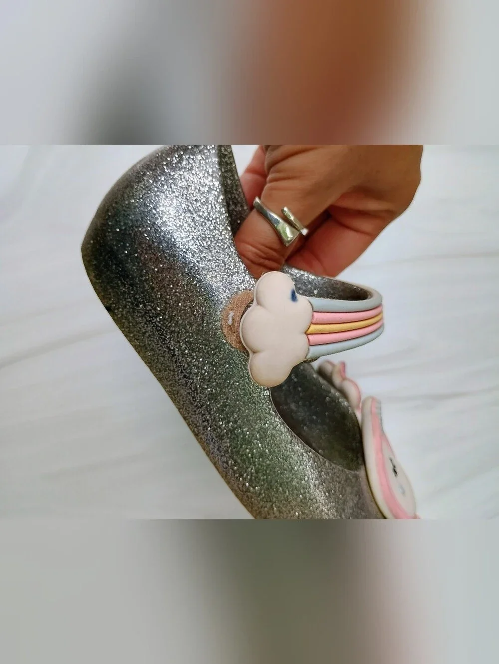 Mini Melissa Silver Glitter Mary Jane Shoes Pink Unicorn Charms EU 25/26 US 9